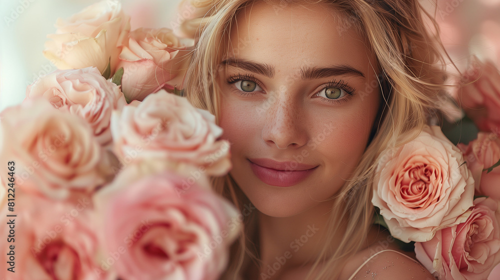 Attractive brunette girl with big beautiful bouquet of flowers. Beautiful white girl with flowers. Pretty woman with bright makeup. Art portrait with flowers. Attractive brunette girl with big beautiful bouquet of flowers. Beautiful white girl with flowers. Pretty woman with bright makeup. Art portrait with flowers.