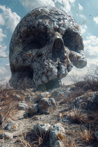 Giant Stone Skull in Desert Landscape 
