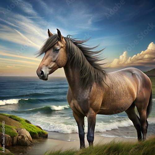 a brown horse standing on a beach near the ocean