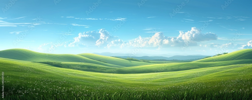 A peaceful landscape, with rolling hills, a clear blue sky, and a gentle breeze A peaceful landscape, with rolling hills, a clear blue sky, and a gentle breeze
