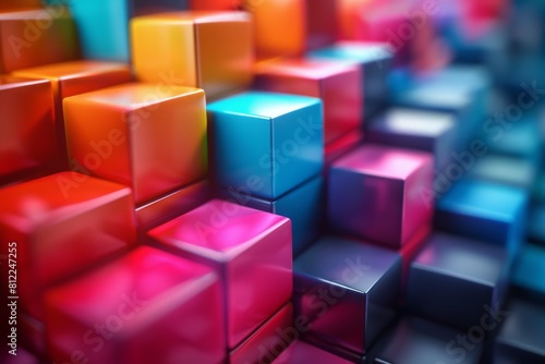 Artistic image of cubes displaying a colorful gradient from warm to cool tones with a soft blur
