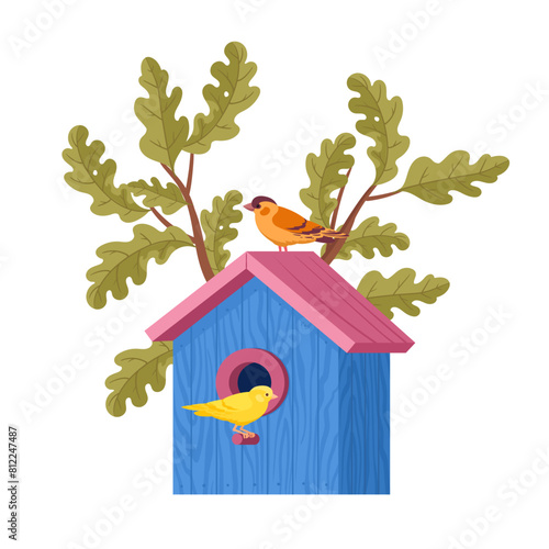Bird house with feeder. Wooden bird house, hand crafted cute birds nests on oak tree flat vector illustration. Cartoon nesting bird house © GreenSkyStudio