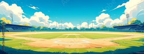 baseball field cartoon illustration background, flat design