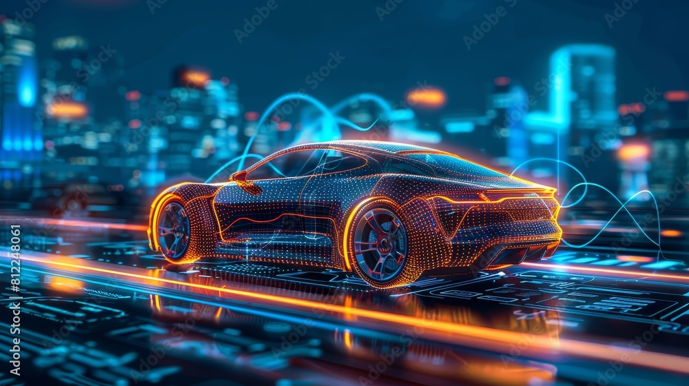 A self-driving car navigating through a bustling metropolis, its sensors scanning the environment and making precise decisions A self-driving car navigating through a bustling metropolis, its sensors scanning the environment and making precise decisions
