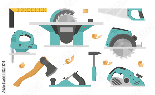 Woodworking tools. Cartoon wood industry equipment, timber axe, jigsaw and saw flat vector illustration set. Wood work tools collection © GreenSkyStudio