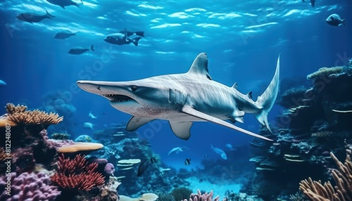 Great White Shark in the ocean  portrait of White shark hunting prey in the underwater