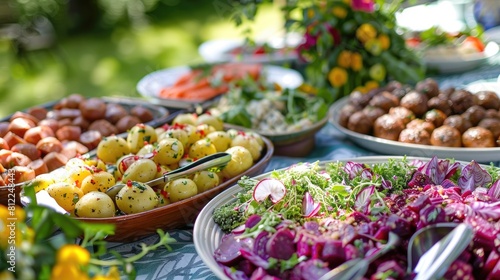 Celebrate the Scandinavian midsummer tradition with a lavish spread including potato salad succulent meatballs flavorful salmon and vibrant beetroot photo