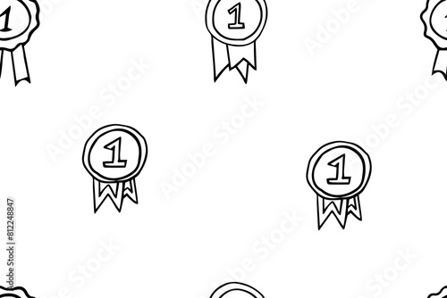 Seamless pattern of medals in doodle style. First place, trophy, victory, achievment, award, winner. Hand drawn vector illustration for posters, stickers. Elements of sport, business and school photo