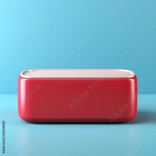 A red box with a white lid sits on a blue background photo