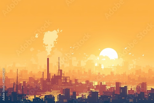 city skyline at sunset, low poly, red and orange color palette