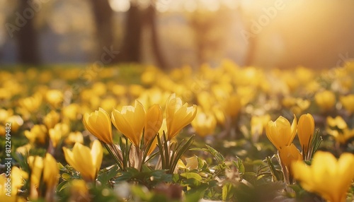 spring flowers beautiful colorful first flowers on meadow with sun crocus romance yellow crocus chrysanthus crocus tommasinianus crocus tommasini