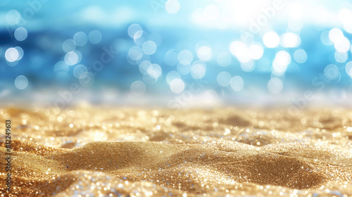 Beautiful bokeh background of golden sand and blue sea