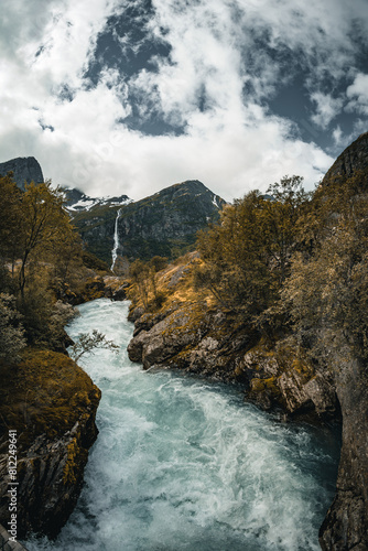 Waterfall in the mountains, near Briksdalsbreen, Norway
