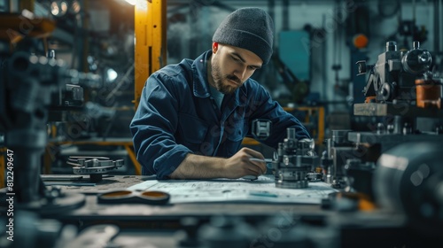 A young man is tinkering with a machine in a garage to fix auto parts AIG41 © Summit Art Creations