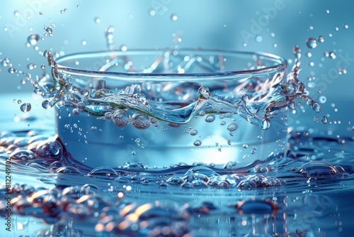 Image showcasing a stunning water splash creating circular waves and floating bubbles, set against a light blue background for a refreshing vibe