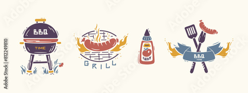BBQ Party Time Set. Grill Barbecue Food. Portable Charcoal Grill. Grilled Sausage with Fire Flames. Tomato Ketchup Bottle. Ribbon Banner with Sausage on a Barbecue Fork with Spatula. Vector