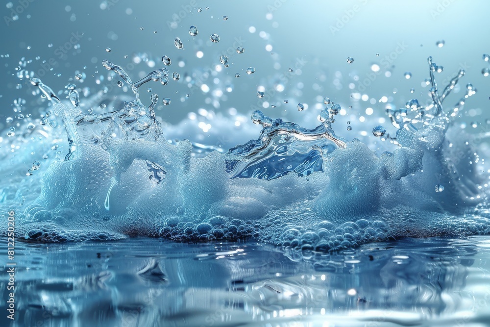 High-speed photo capturing the dynamic motions of water splashes against a cool blue background