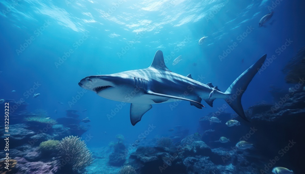 Great White Shark in the ocean, portrait of White shark hunting prey in the underwater Great White Shark in the ocean, portrait of White shark hunting prey in the underwater