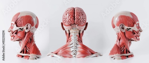 3D realistic illustration of the neck muscular system on a white background. Human muscles, medical illustration. © Absent Satu