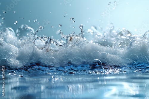 Close-up shot of water splash with sharp details of droplets mid-air against a blue backdrop
