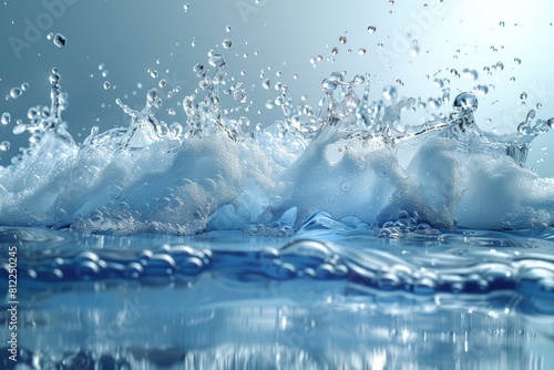 Wide-angle shot showing a large splash of water with intricate bubble details on a blue background