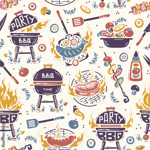 BBQ Party Time. Seamless Food Pattern of Portable Charcoal Grill and Barbecue Meat and Vegetable. Meat Kebab or Shashlik and Barbeque Vegetable Skewer. Hand drawing. Vector illustration