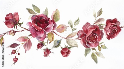 Burgundy flower watercolors with delicate leafy buds are captured in this floral illustration perfect for creating botanical themed wedding or greeting cards A branch of abstract roses adds