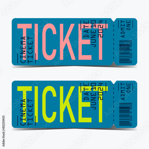 Ticket templates with barcode and rounded corners. Flat vector illustration set for theatre, cinema, concert or event. Modern design, bright colours

