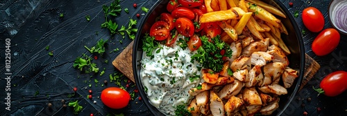 Greek chicken gyro bowls with tzatziki sauce, top view horizontal food banner with copy space