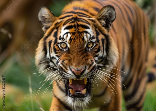 Majestic Close-Up of a Snarling Tiger in Natural Habitat