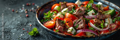 Greek salad with grilled lamb, top view horizontal food banner with copy space photo