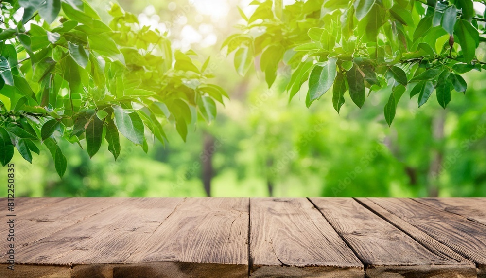 empty old wooden table with green nature background