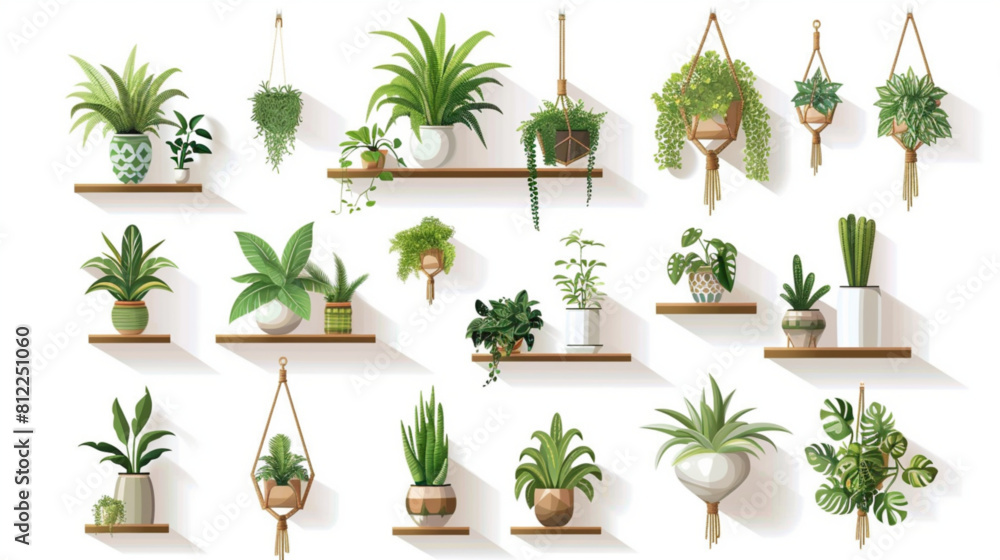 Indoor plants with decorative greenhouse elements. Green plants standing in pots on shelves, hanging in planter, macrame at cozy interior isolated on white background. 3D avatars set vector icon, whit