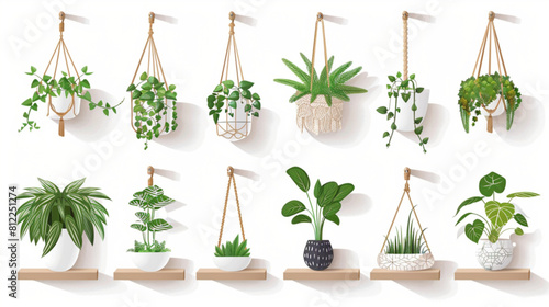 Indoor plants with decorative greenhouse elements. Green plants standing in pots on shelves, hanging in planter, macrame at cozy interior isolated on white background. 3D avatars set vector icon, whit photo