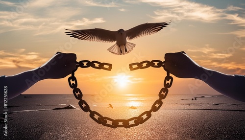 freedom concept silhouette of bird flying and broken chains at sky sunset background