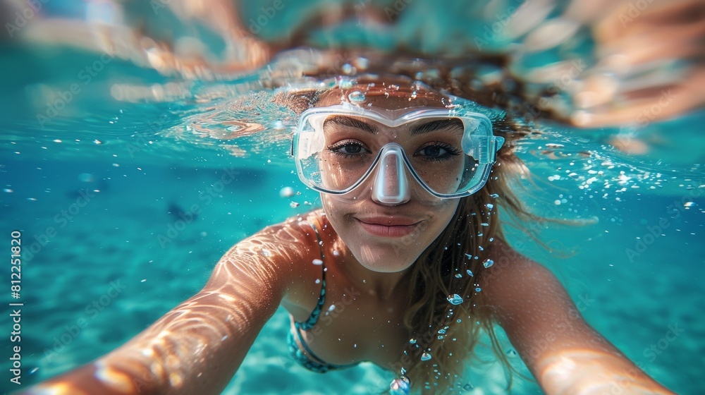 A woman wearing goggles underwater in a swimming pool, AI