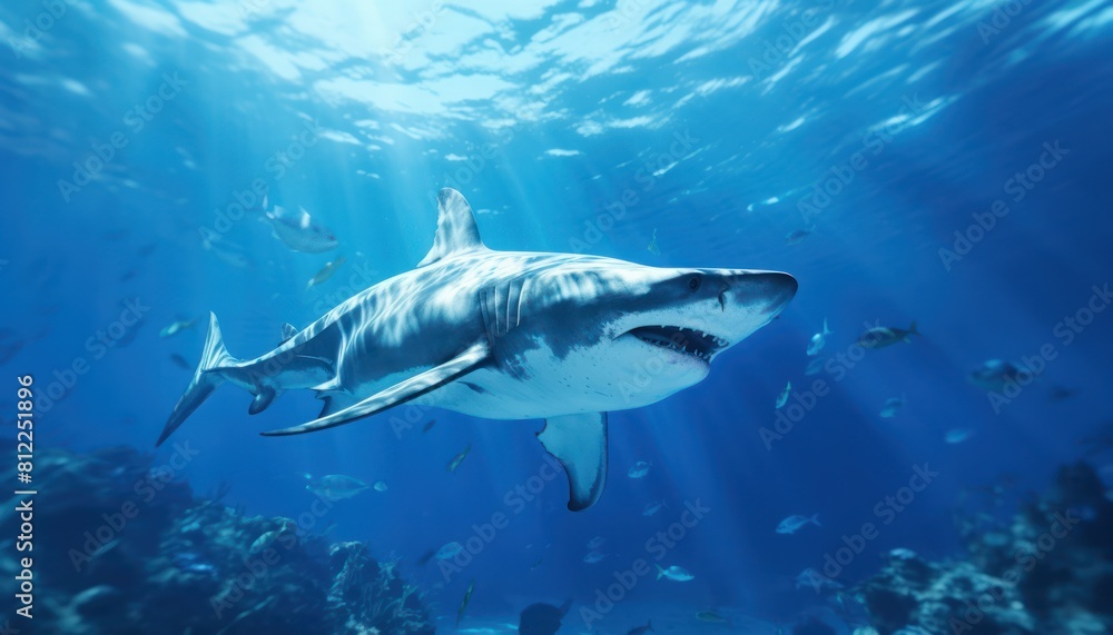 Great White Shark in the ocean, portrait of White shark hunting prey in the underwater Great White Shark in the ocean, portrait of White shark hunting prey in the underwater