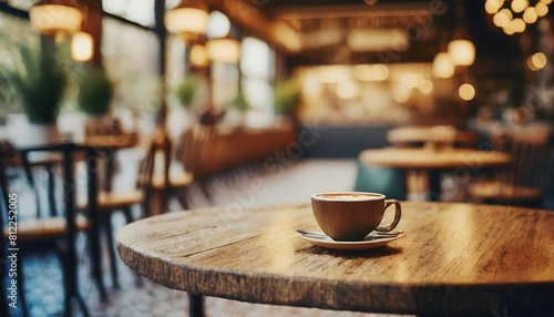 empty coffee table over defocused coffee shop background with copy space