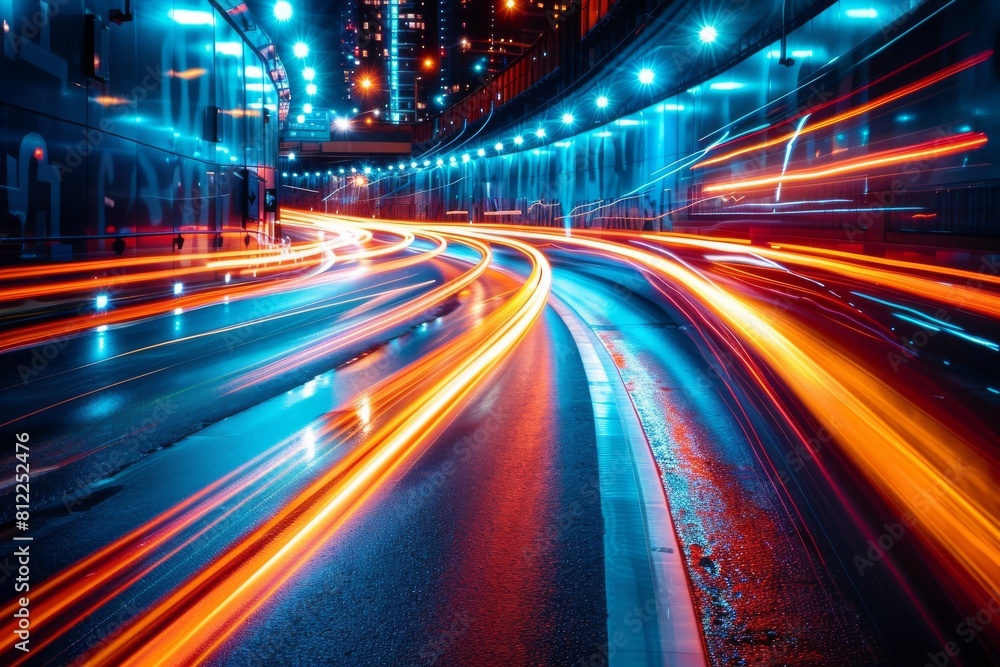 The image showcases a long-exposure shot of colorful traffic lights creating streaks on a city road