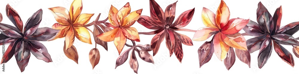 Watercolor of Thai Star Anise Flowers and Leaves on White Background