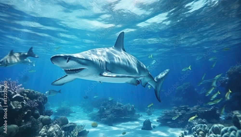 Great White Shark in the ocean, portrait of White shark hunting prey in the underwater Great White Shark in the ocean, portrait of White shark hunting prey in the underwater