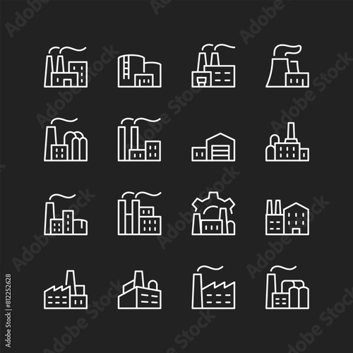Factory icon set, white on black background. Manufacturing buildings, pipes, warehouses, storage, workshops. Industry. Customizable line thickness