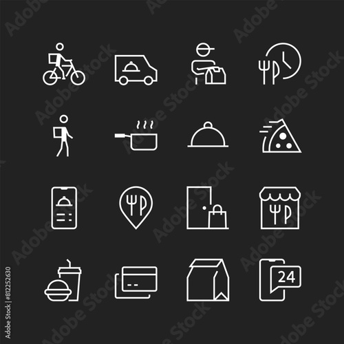 Food delivery icons, white on black background. Order from restaurants, cafes to home and office. Couriers bringing fresh packaged food. Customizable line thickness.