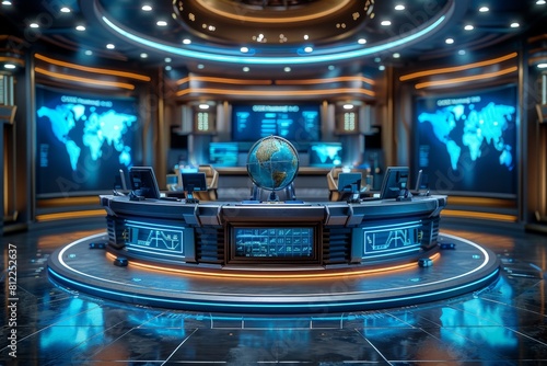 A high-tech  stylish command center featuring advanced digital displays and a central glowing globe