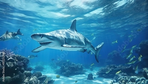 Great White Shark in the ocean  portrait of White shark hunting prey in the underwater