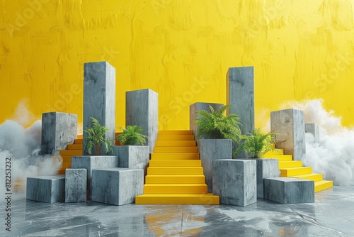An ascending yellow staircase leads upwards among concrete geometric structures against yellow with fog effects