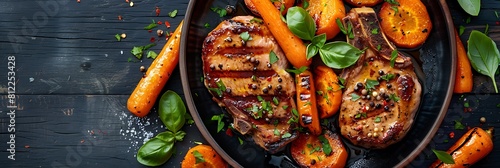 Honey mustard glazed pork chops with roasted carrots, fresh food banner, top view with copy space photo