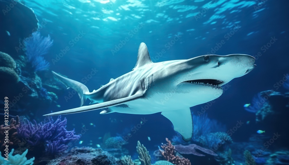 Great White Shark in the ocean, portrait of White shark hunting prey in the underwater Great White Shark in the ocean, portrait of White shark hunting prey in the underwater
