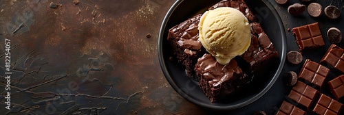 Hot fudge brownie with vanilla bean ice cream, fresh food banner, top view with copy space photo