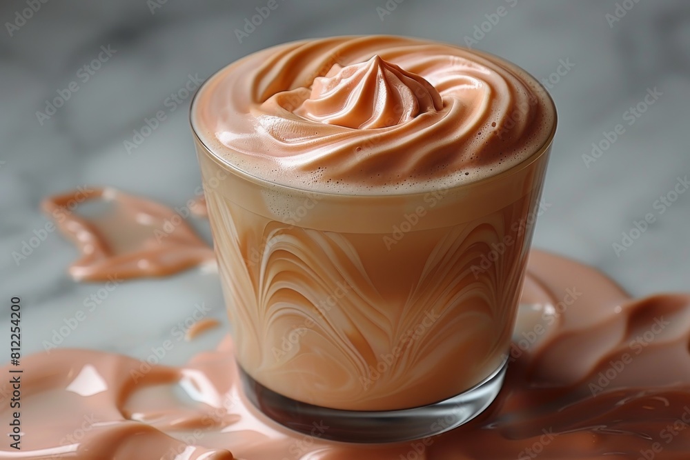 A visually appealing caffe latte with an artistic creamy swirl topping in a transparent glass cup A visually appealing caffe latte with an artistic creamy swirl topping in a transparent glass cup
